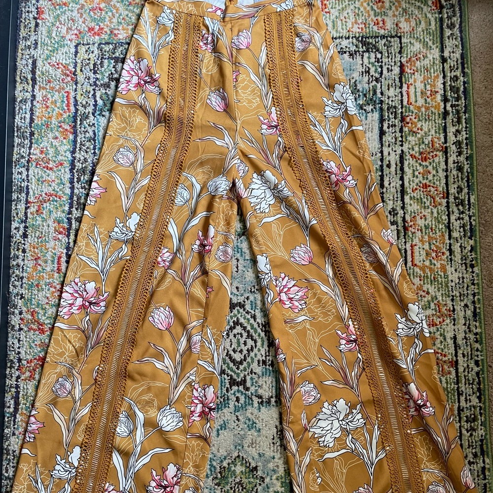 Finders keepers yellow floral wide leg trousers with lace detail down the leg s